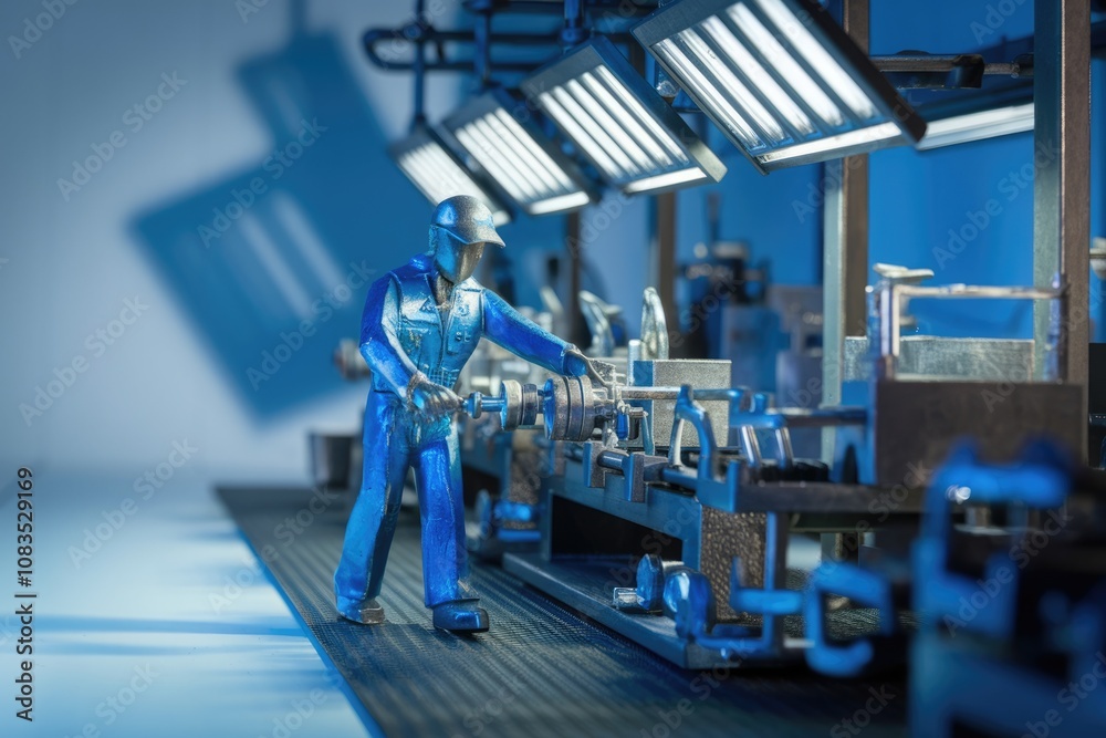 Poster A miniature worker operates a machine in a factory setting.