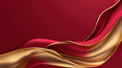 Obraz premium Elegant 3D banner with flowing golden patterns on a deep red background, leaving space for greetings.