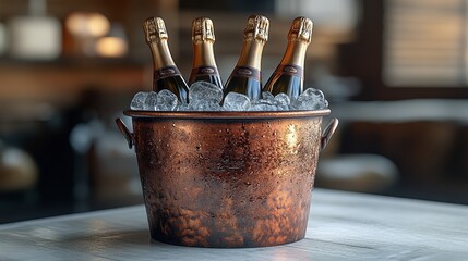 Champagne Celebration:  A copper ice bucket filled with chilled champagne bottles, a perfect symbol of celebration and indulgence.