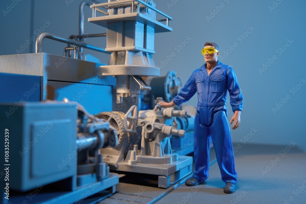 Poster A miniature figurine of a worker operating a factory machine.