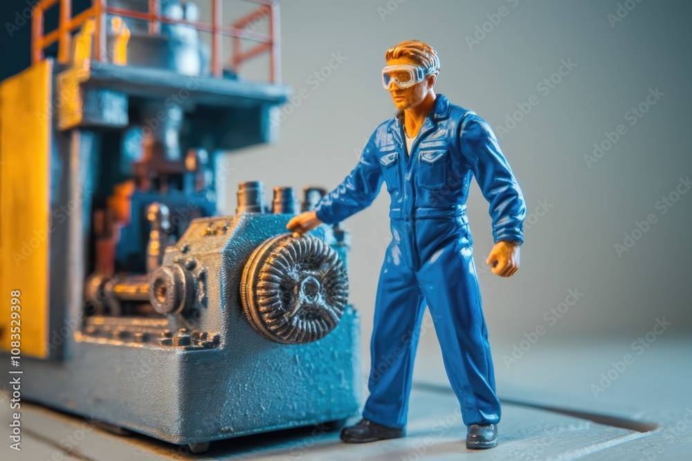 Poster A miniature figure of a worker operating a complex machinery