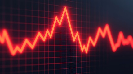 Close-up of a red line graph with sharp peaks and valleys, representing stock market volatility, financial data, and economic trends.