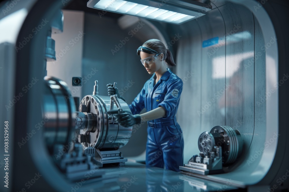 Poster A female mechanic working on a machine in a factory.