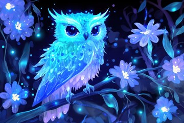 Obraz premium Mystical Owl Perched on Branch in Night Forest