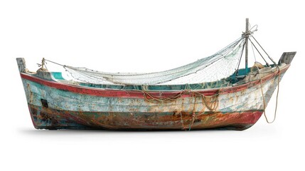 Obraz premium A traditional fishing boat with nets, isolated on white background