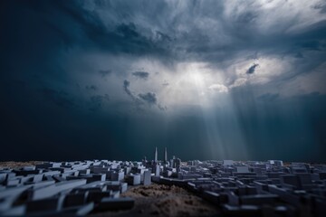 Fototapeta premium A miniature cityscape with two tall buildings under a dramatic stormy sky.