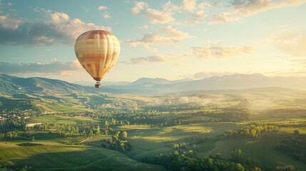 Obraz premium Hot Air Balloon Soaring Over a Verdant Valley at Sunset