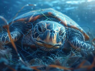 A close-up view of a turtle swimming peacefully in a vibrant ocean habitat.