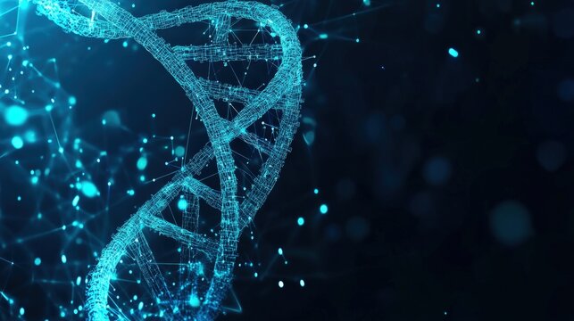 Abstract digital DNA strand on dark background with glowing blue particles and connections. - Powered by Adobe