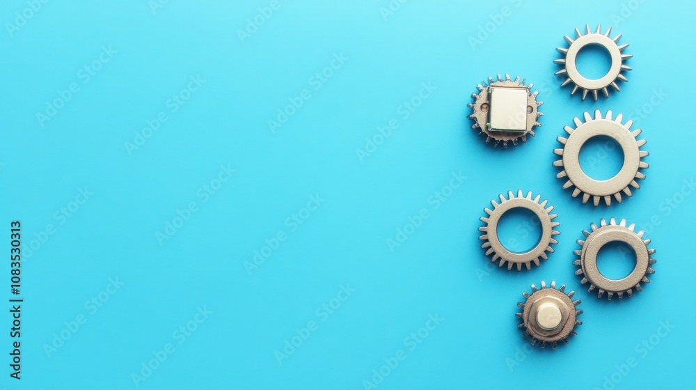 Poster a variety of metallic gears surround a central microprocessor, creating an intriguing composition ag