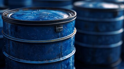 Obraz premium Bright blue metal barrels neatly arranged.