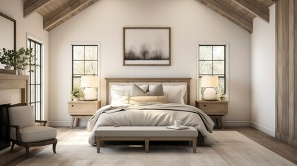 Fototapeta premium A photo of a modern farmhouse bedroom with reclaimed