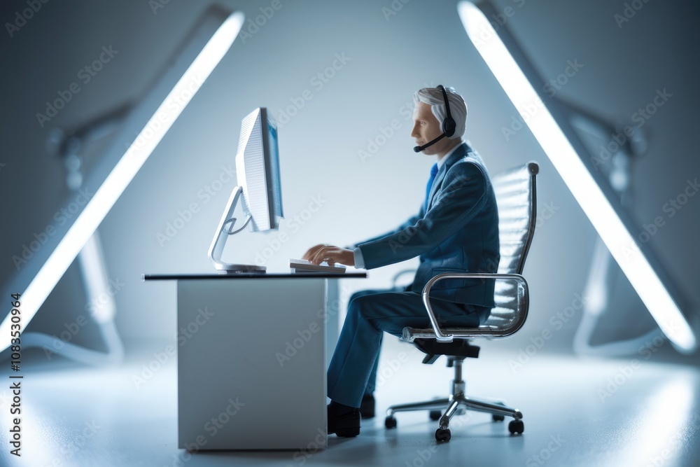 Poster a man in a suit and headset works at a computer in a modern office.