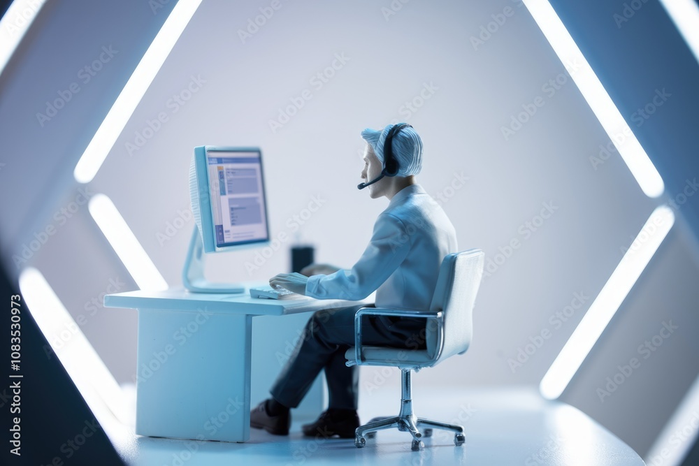 Poster a figurine of a person wearing a headset sits at a desk in front of a computer.
