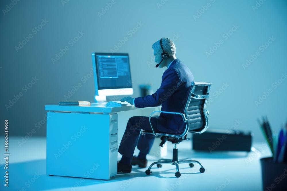 Poster A man in a suit working at a computer with a headset on.