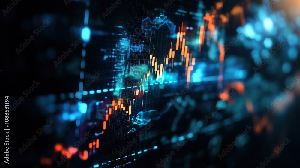 Poster dynamic digital display with futuristic finance data and glowing graphs.