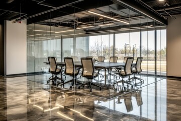 Fototapeta premium Modern glass-walled conference room with a large table and ergonomic chairs.