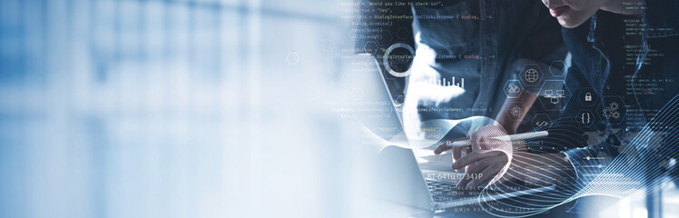 Data anlytics, AI and database management technology. IT specilist team working on digital tablet...