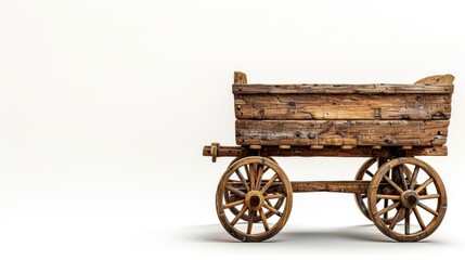 Obraz premium A traditional wooden cart with two large wheels, isolated on white background