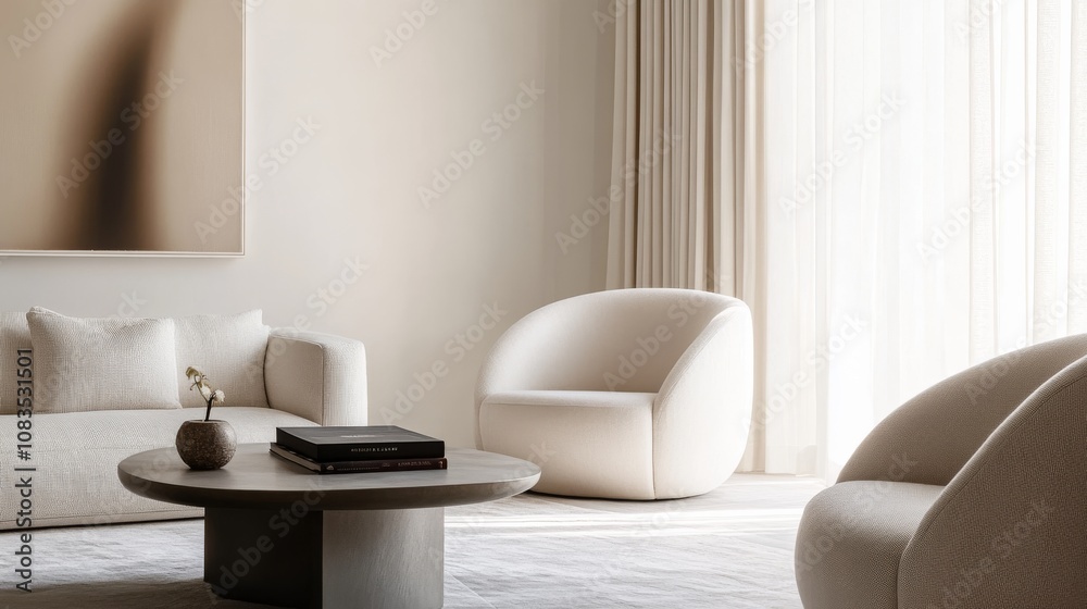 Poster an elegant and modern living room design with a white canvas backdrop, thoughtfully selected minimal