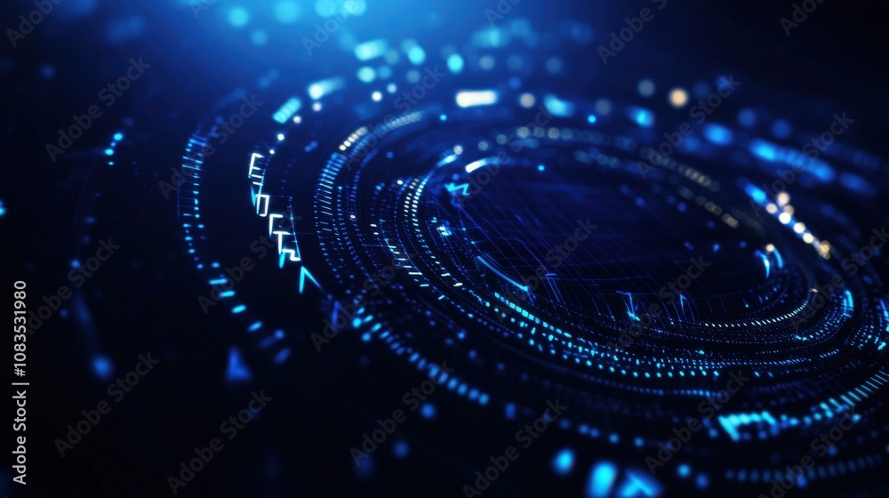 Poster futuristic digital interface with glowing blue circuits and dynamic abstract patterns.