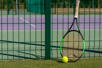 tennis background Close-up shots of tennis balls in tennis courts With a mesh as a blurred...