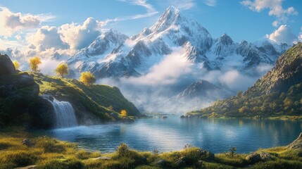 Obraz premium Serene Mountain Lake with Waterfall and Snow-Capped Peaks