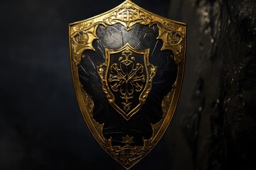 Fototapeta premium A detailed ornate shield featuring a black and gold design, likely for decorative or gaming use.
