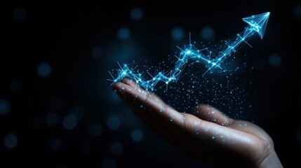 Hand holding digital arrow, symbolizing success and growth in business.