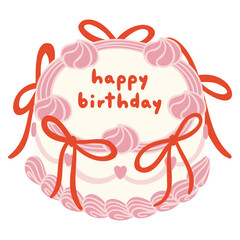 Obraz premium Vintage Round Cake Pink Tone Vector Illustration with Whipped Cream, Coquette Ribbon, and Happy Birthday Message