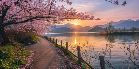 Golden-hour view of cherry blossoms along a lakeside path, with tranquil water and rolling mountains bathed in soft spring light.