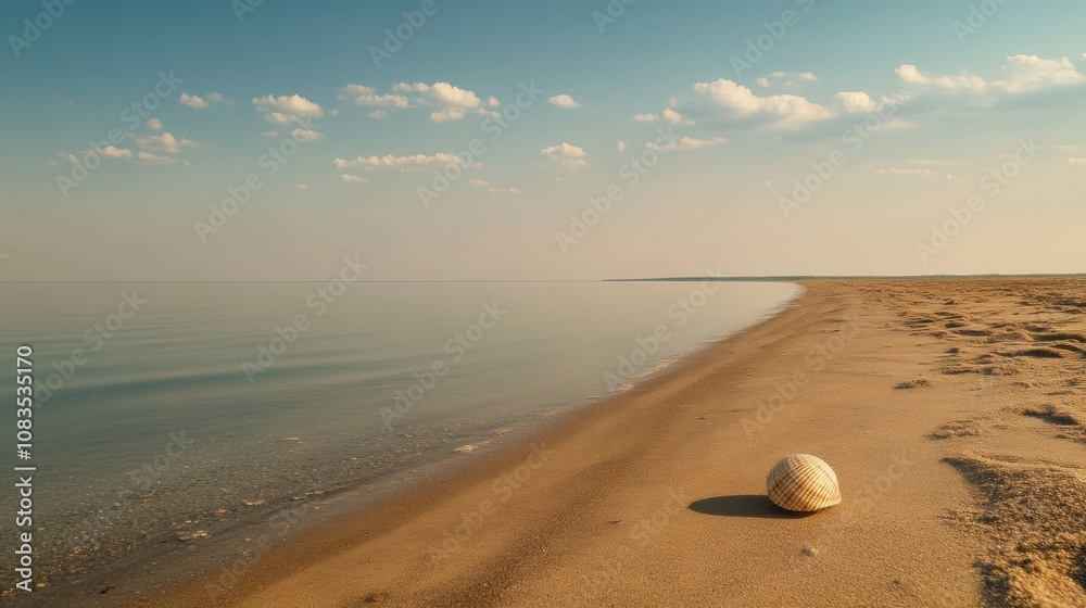 Poster a peaceful sandy beach at sunset showcases a single seashell quietly lying on the shore, surrounded 