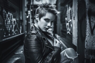Obraz premium A woman with spiky hair wearing a leather jacket stands in a dark alley.