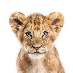 Obraz premium Close up of a cute lion cub looking at the camera on white background