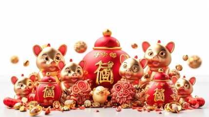 Fototapeta premium Chinese New Year banner with prosperity symbols, isolate on white background, red and gold design,