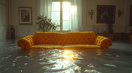 Close-up of water damage in a living room with a yellow sofa, highlighting home repair and disaster recovery needs.
