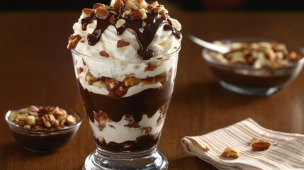 Chocolate Pecan Sundae with Whipped Cream and Chocolate Drizzle