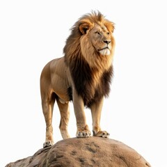 Obraz premium Powerful male lion with a dark mane standing on a rock against a white background, looking into the distance