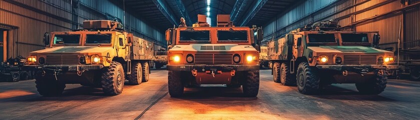 Fototapeta premium Military vehicles lined up in dimly lit industrial warehouse, tough exteriors, intense orange glow on concrete, symbolizing power and readiness