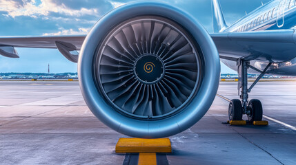 A close-up photo of a jet engine. You can see the front fan blades clearly. This picture is perfect for people who love airplanes.