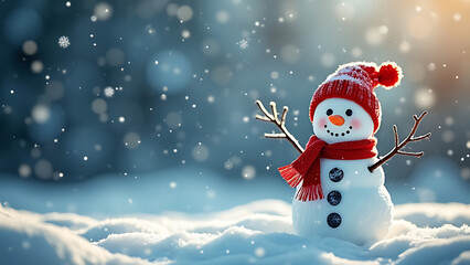 Fototapeta premium Festive Christmas & New Year Greeting Card: Happy Snowman in a Winter Wonderland