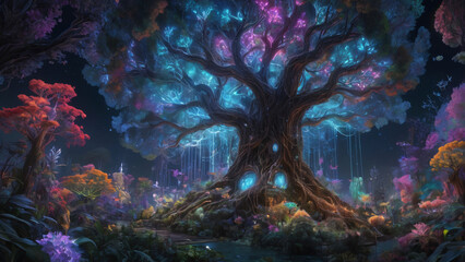 In a stunningly vivid bioluminescent digital garden, each pixel glows with a mesmerizing intensity, creating a surreal display of radiant colors that pulsate against a dark background