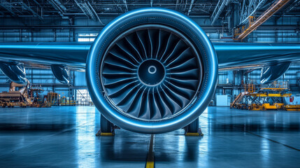 Fototapeta premium A close-up photo of a jet engine. You can see the front fan blades clearly. This picture is perfect for people who love airplanes.