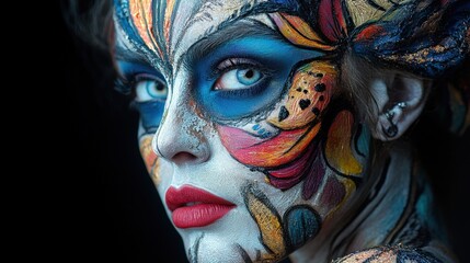A stunning portrait of a woman with intricate and colorful face paint, showcasing artistic expression and vibrant beauty.