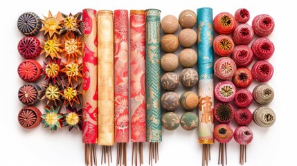 Chinese New Year fireworks assortment, isolate on white background, representing celebrations,