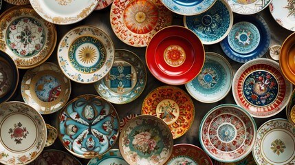 An assortment of colorful, decorative plates arranged in an artistic display.