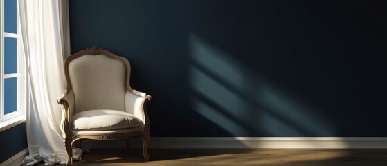 Fototapeta premium a soft beige armchair by the window with dark blue wall