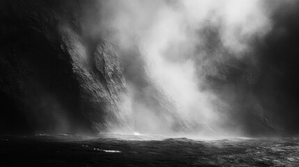 Obraz premium Black and White Photograph of a Waterfall Misting Over a Dark Body of Water