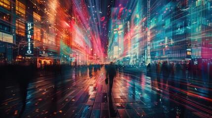 Fototapeta premium Vibrant city street at night, blurred motion.