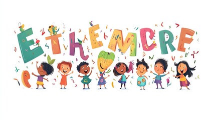 Fototapeta premium a 2D cartoon illustration of a group of children learning the alphabet, fun and educational, white background--ar 16:9